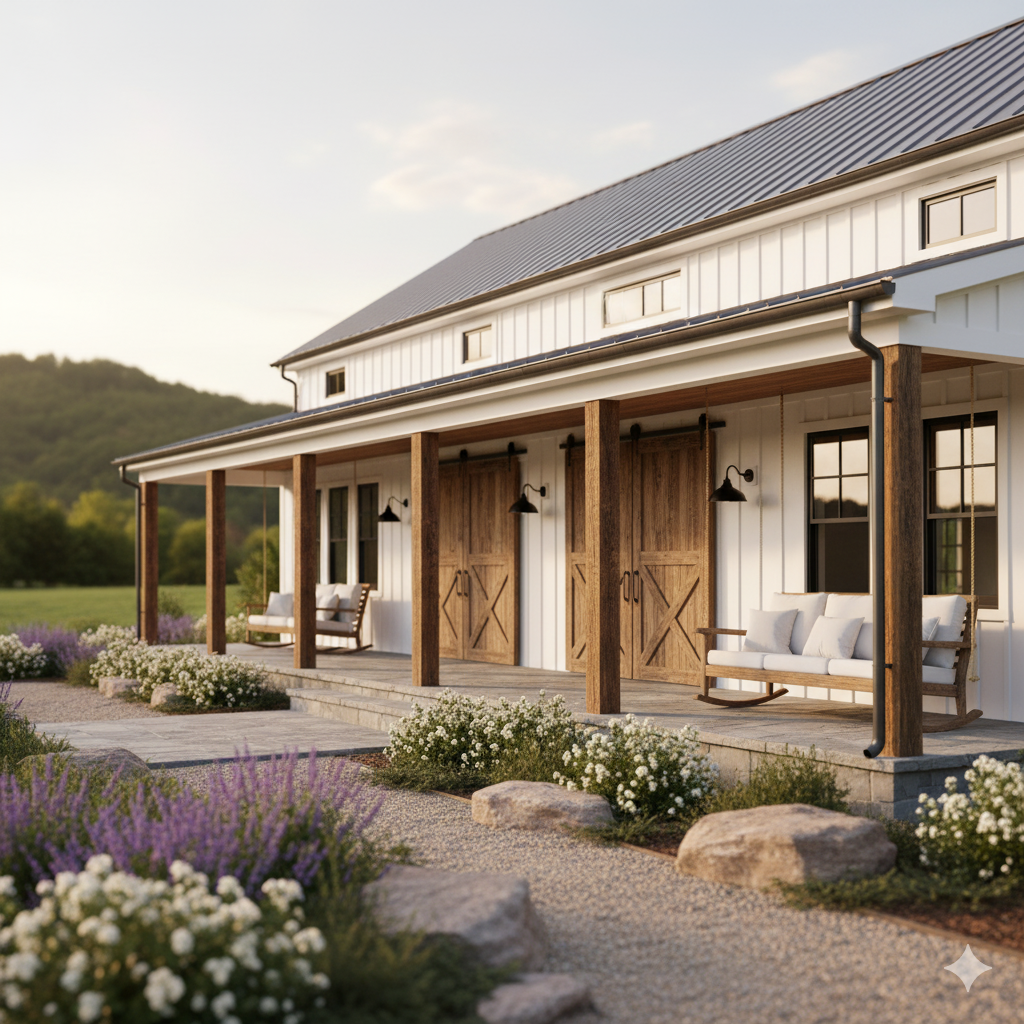 Ranch house with farmhouse-inspired wide porch and barn doors.
