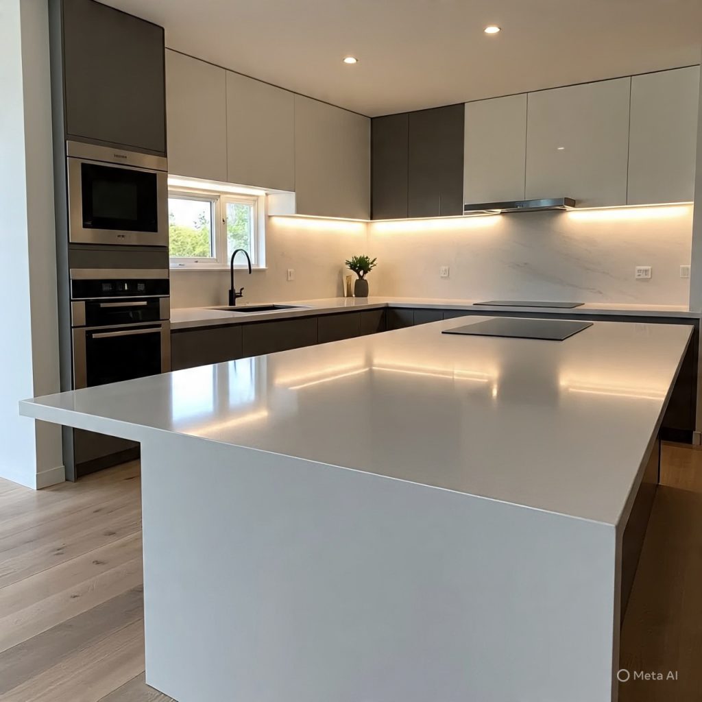 Luxury quartz countertops in spacious modern kitchen.