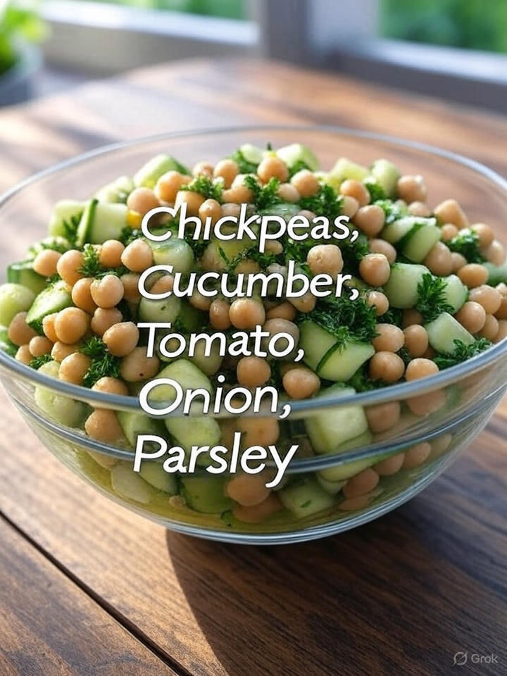 A close-up of a chickpea and cucumber salad with tomato, onion, and parsley in a clear bowl.