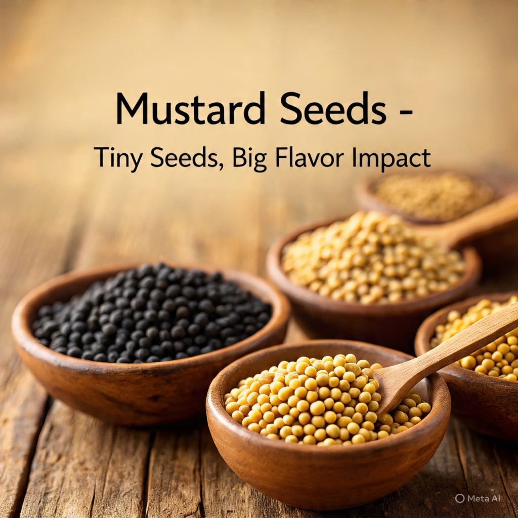 The image shows several wooden bowls filled with different types of mustard seeds, including black, brown, and yellow varieties. The text on the image reads, "Mustard Seeds - Tiny Seeds, Big Flavor Impact."
