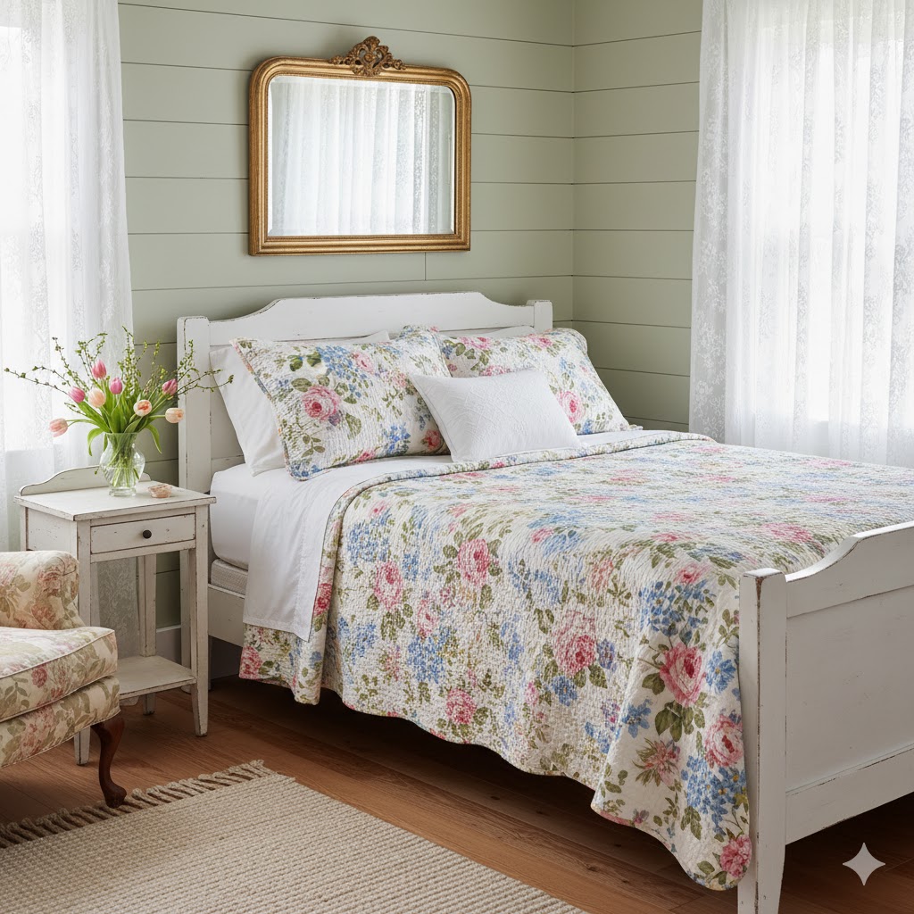 Romantic cottagecore bedroom with vintage spring details.