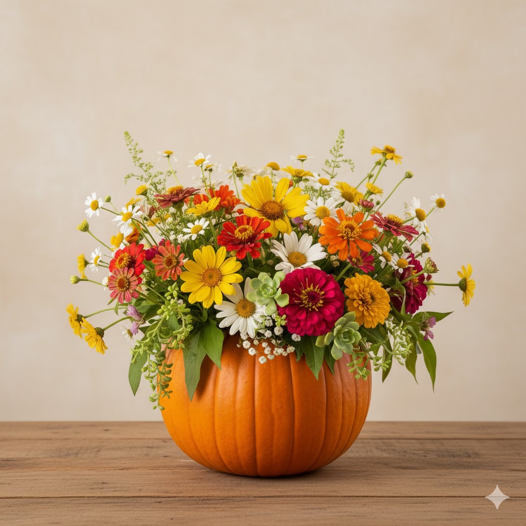 Succulent and flower mixed arrangement in pumpkin vase.