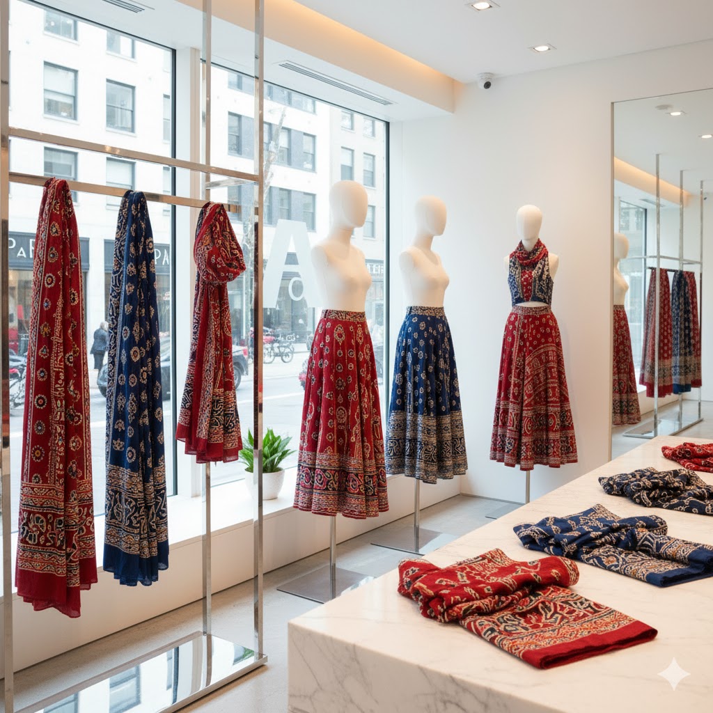 Ajrak print fashion display.