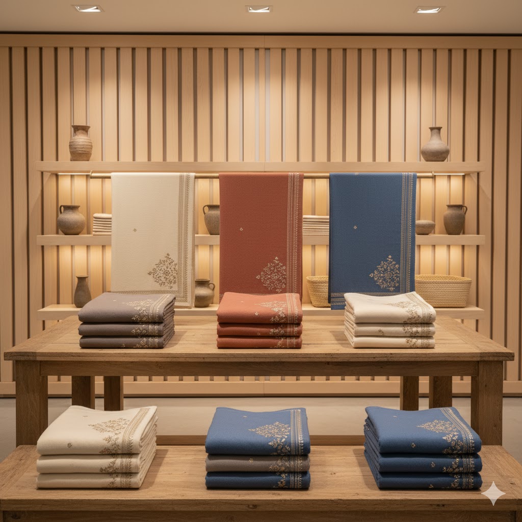 Wool shawls and pashminas folded in boutique.