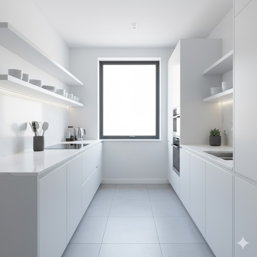 Clean and tidy kitchen workspace.