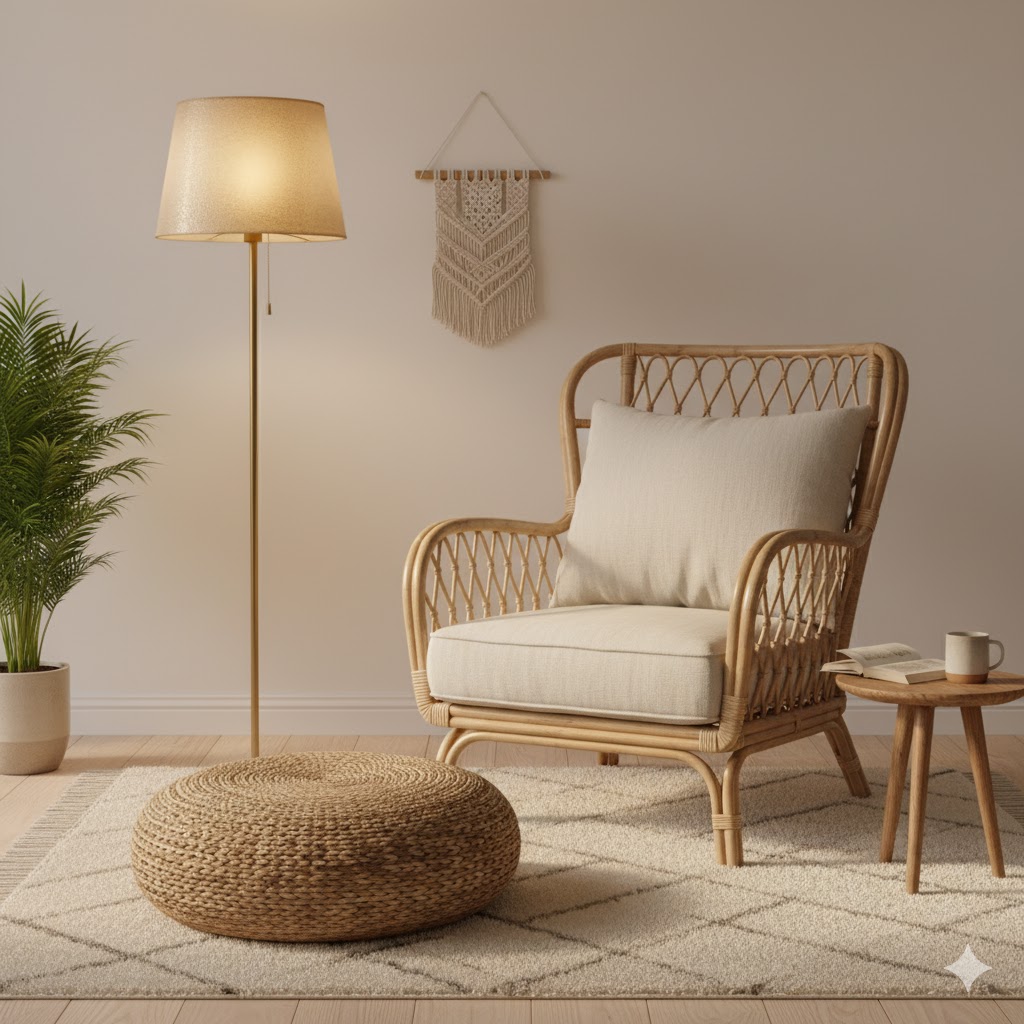 Reading corner with rattan chair and macramé wall hanging.