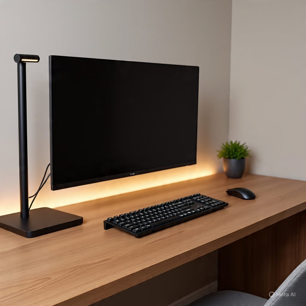 Minimal Japanese home office with hidden cables and sleek tech setup.