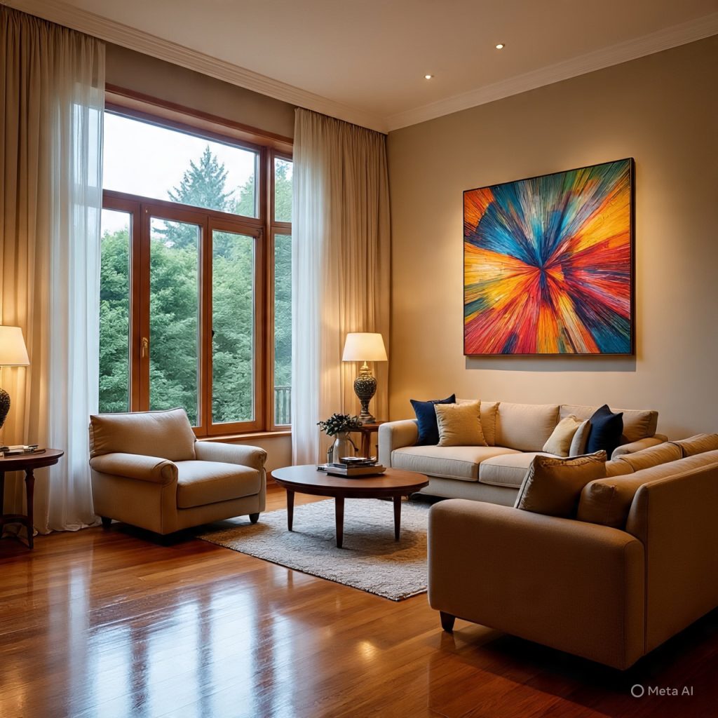 Modern living room with minimalist furniture and art.