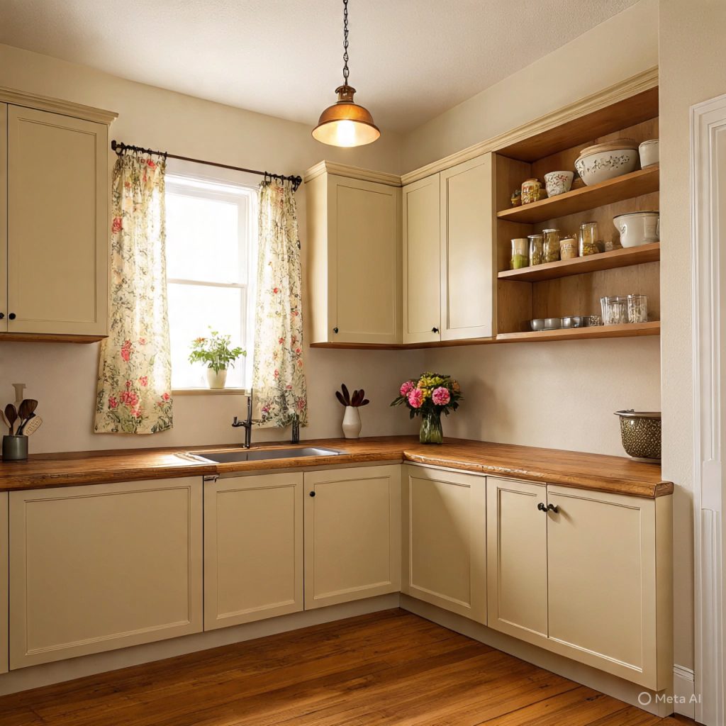 cottage kitchen with vintage and floral touches.