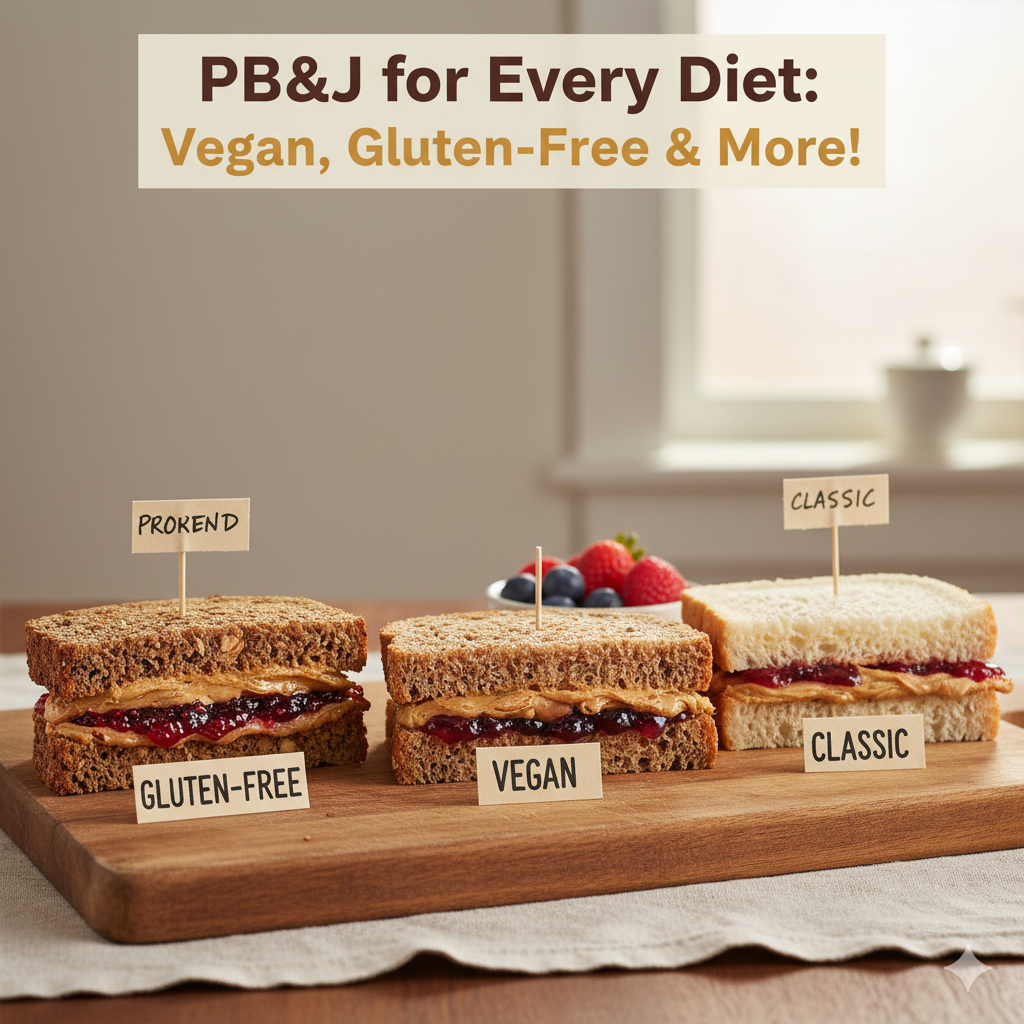 Vegan and gluten-free peanut butter and jelly sandwiches variety.