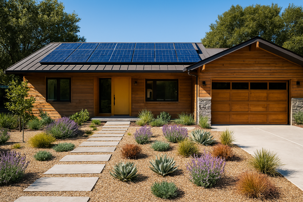 Sustainable ranch house with solar panels and drought landscaping.