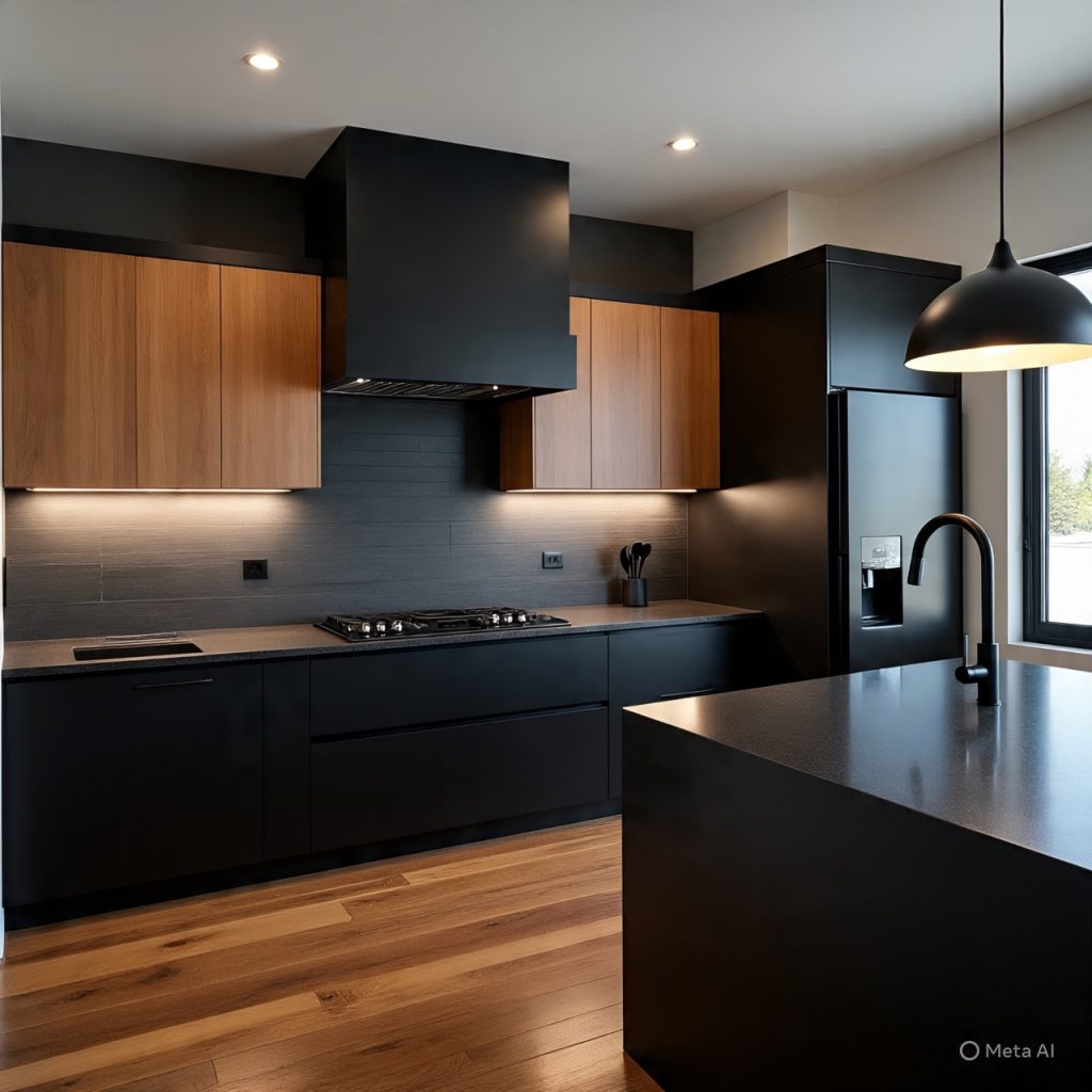 Matte black fixtures in stylish barndominium kitchen.