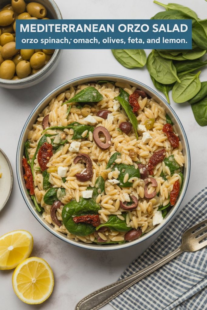 Mediterranean Orzo Salad with spinach, olives, feta, and sun-dried tomatoes.
This alt text describes the main subject of the image, the Mediterranean Orzo Salad, and lists key ingredients visible in the dish and around it, such as spinach, olives, feta cheese, and sun-dried tomatoes. The description is concise and provides essential visual information for accessibility purposes. 