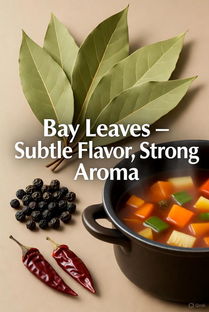 An image with the text "Bay Leaves - Subtle Flavor, Strong Aroma" featuring bay leaves, peppercorns, chili peppers, and a pot of vegetable soup.