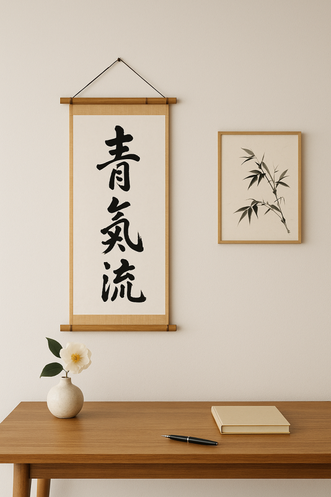 Japanese home office with wall art and cultural accents for mindful design.