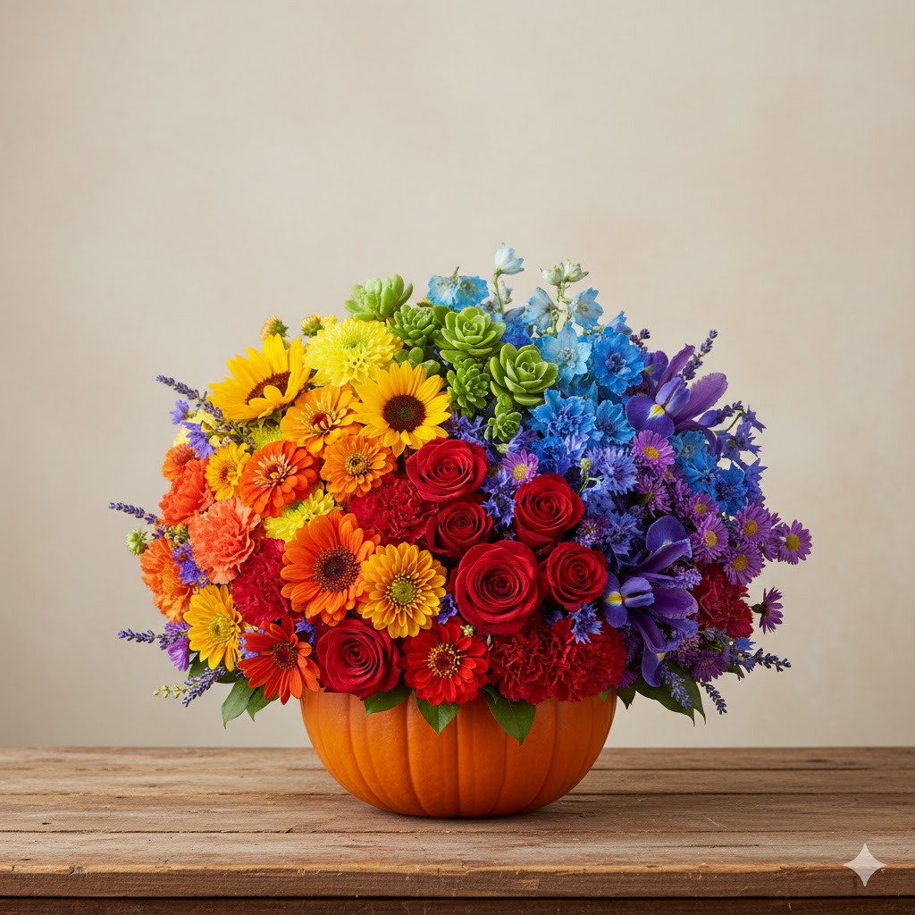 Bright rainbow-colored flowers in pumpkin vase.