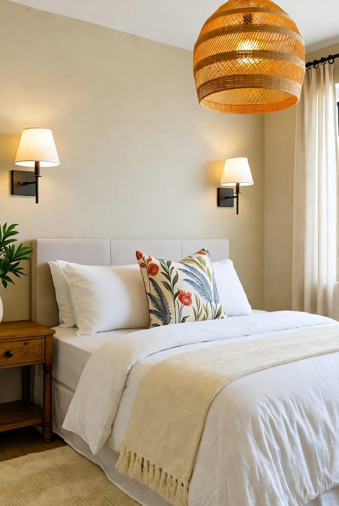 Warm layered lighting enhances cozy spring bedroom ambiance.