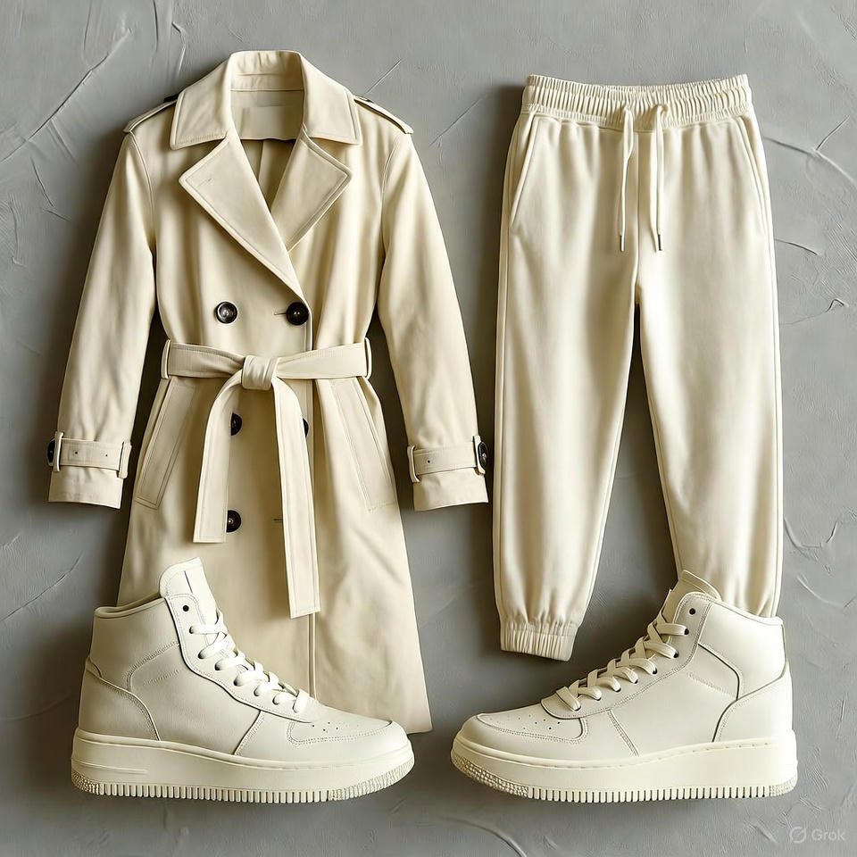Elegant off-white and cream-toned streetwear display.