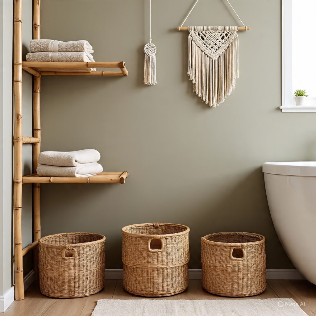 Serene bathroom with wicker baskets and bamboo shelves.
