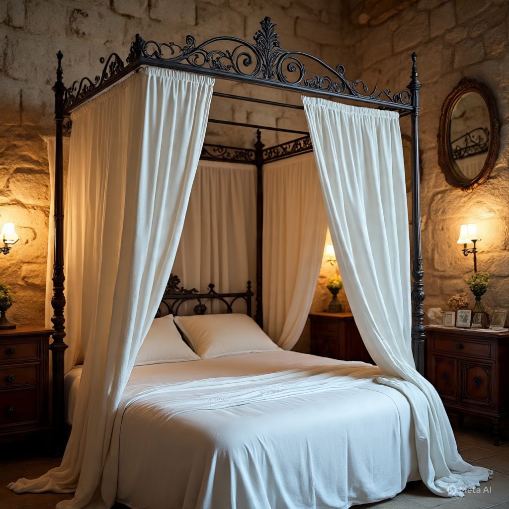 omantic bedroom with wrought iron canopy bed.