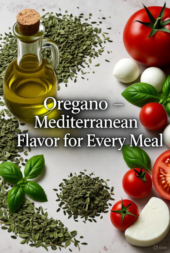 An image showing various ingredients for a Mediterranean dish, including a bottle of olive oil, fresh basil, tomatoes, mozzarella balls, and both fresh and dried oregano. The text "Oregano - Mediterranean Flavor for Every Meal" is overlaid on the image.
