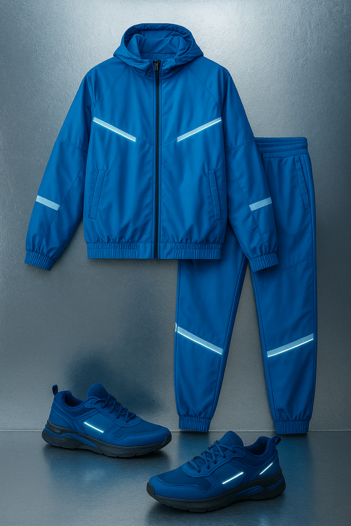 Digital blue streetwear set highlighting techwear trends of 2025.