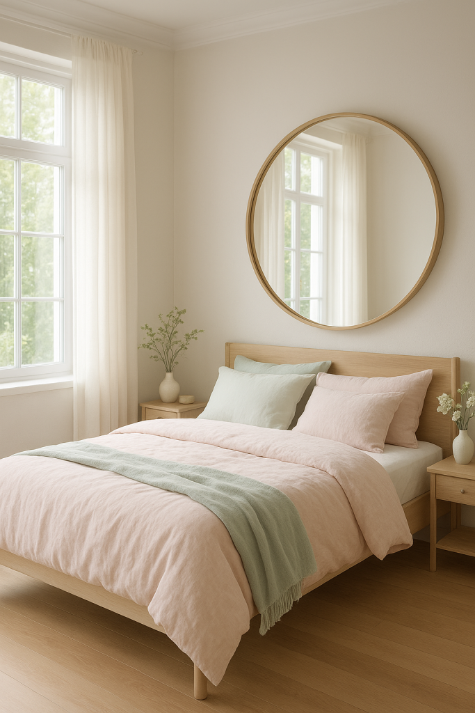 Decorative mirror reflecting light in a bright spring bedroom.