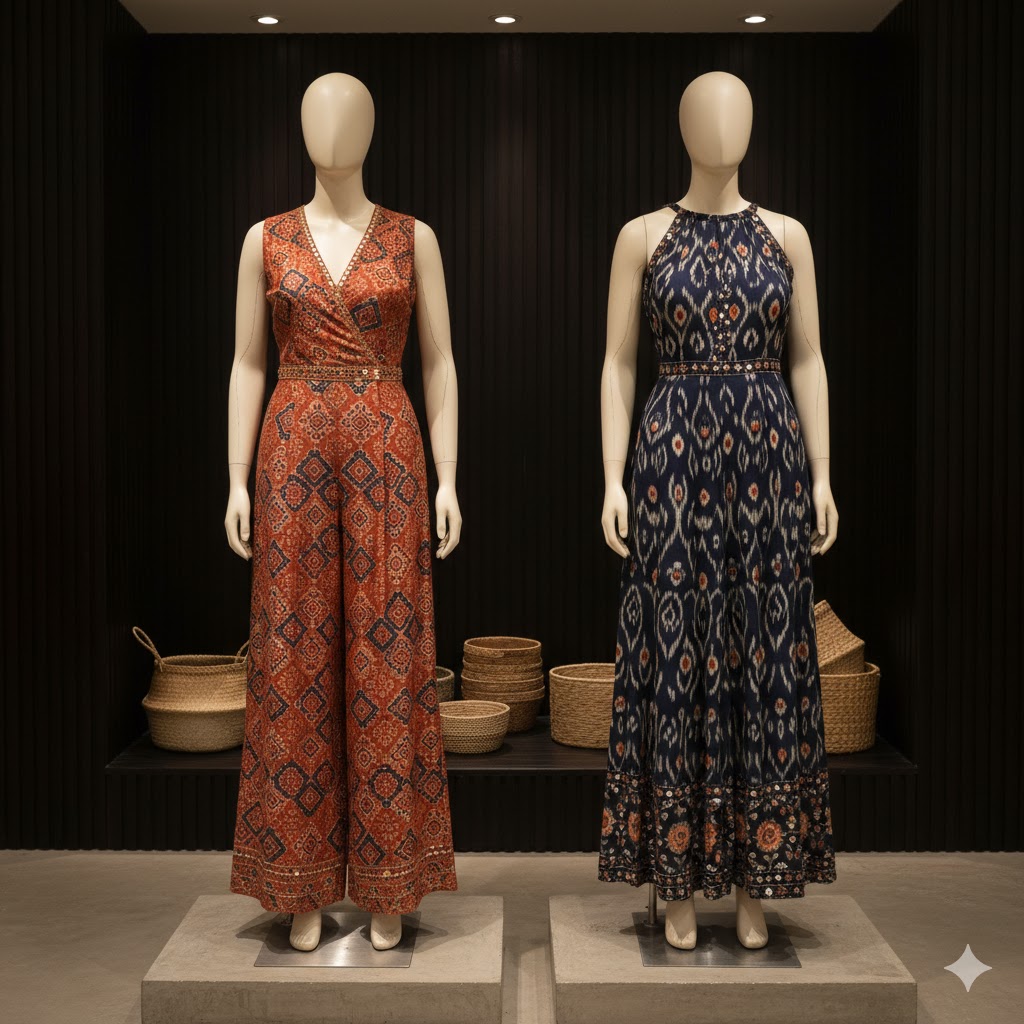 Ajrak printed garments displayed.