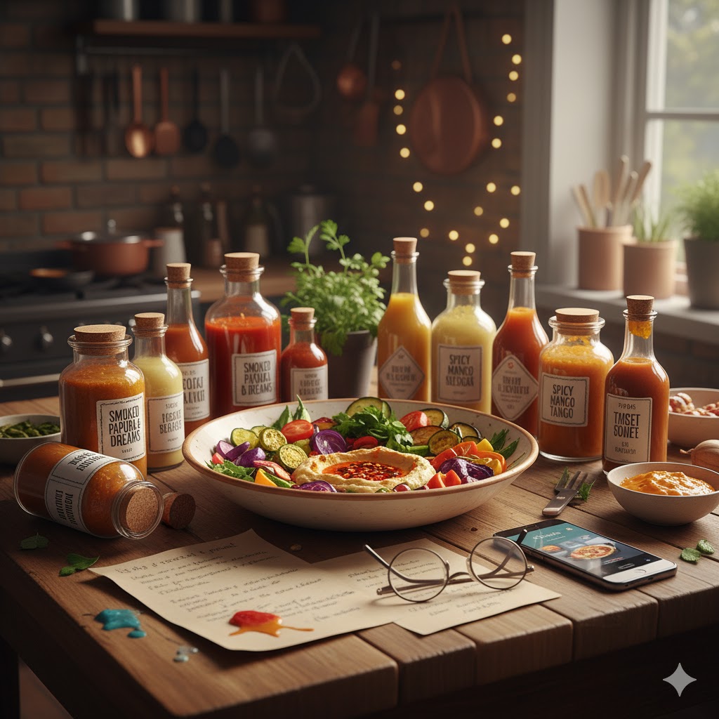 Experimental cooking setup with diverse spices and sauces.