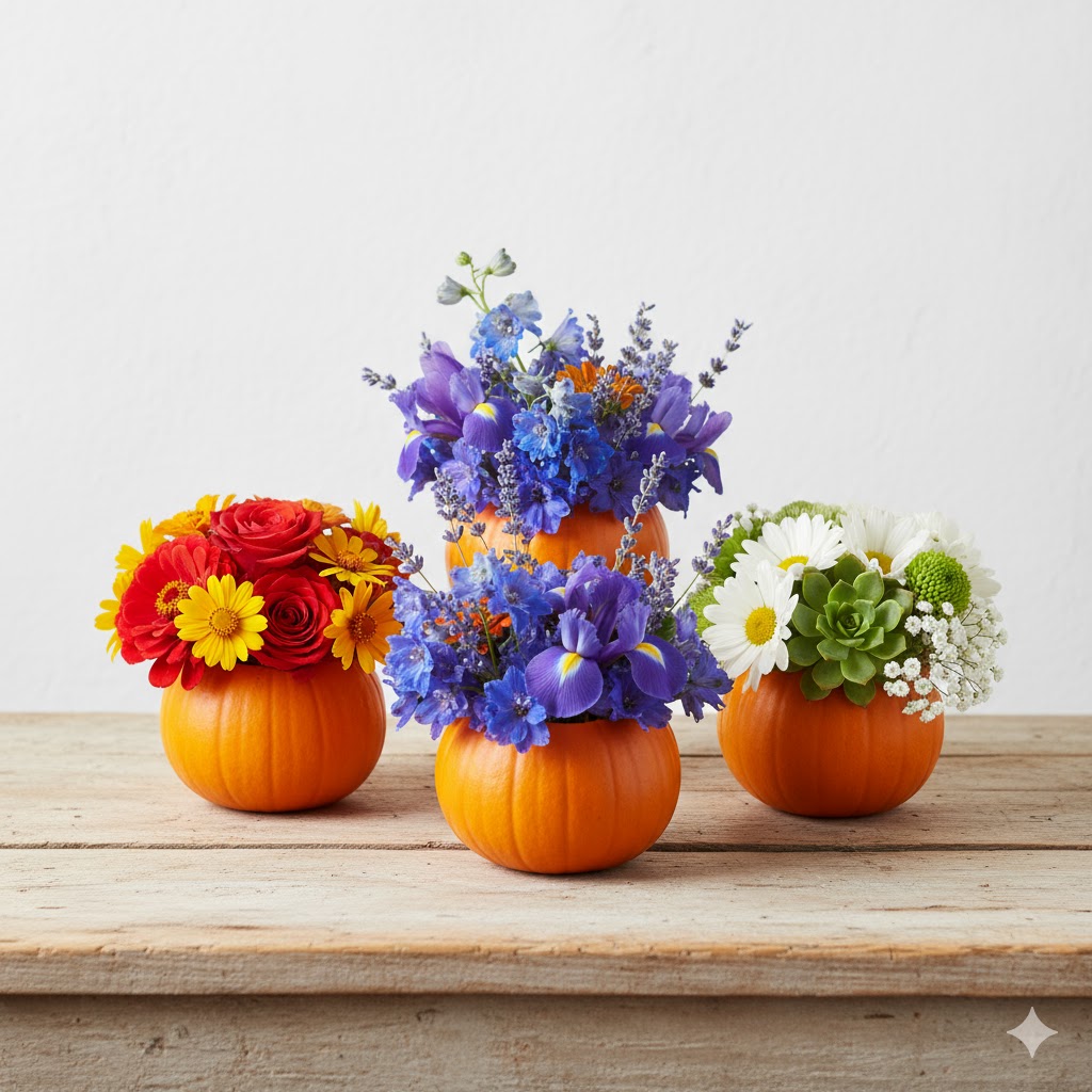 Trio of small pumpkin vases with colorful flowers.