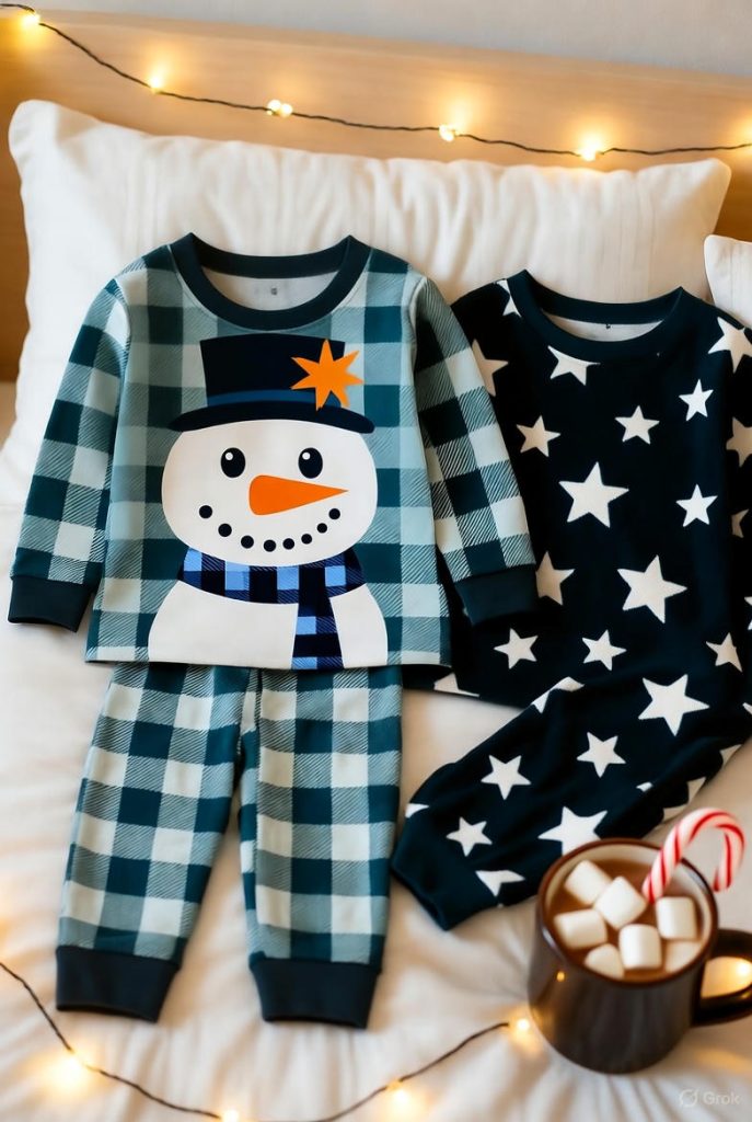 Children’s flannel pajama sets with snowman and star prints displayed on a cozy bed with fairy lights and hot cocoa, no people.