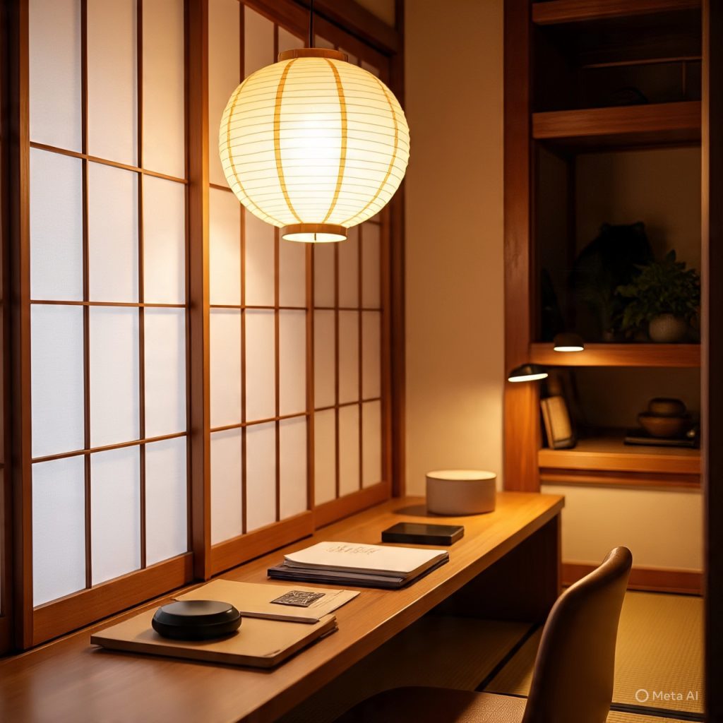 Japanese home office with warm ambient lighting for day-to-night comfort.