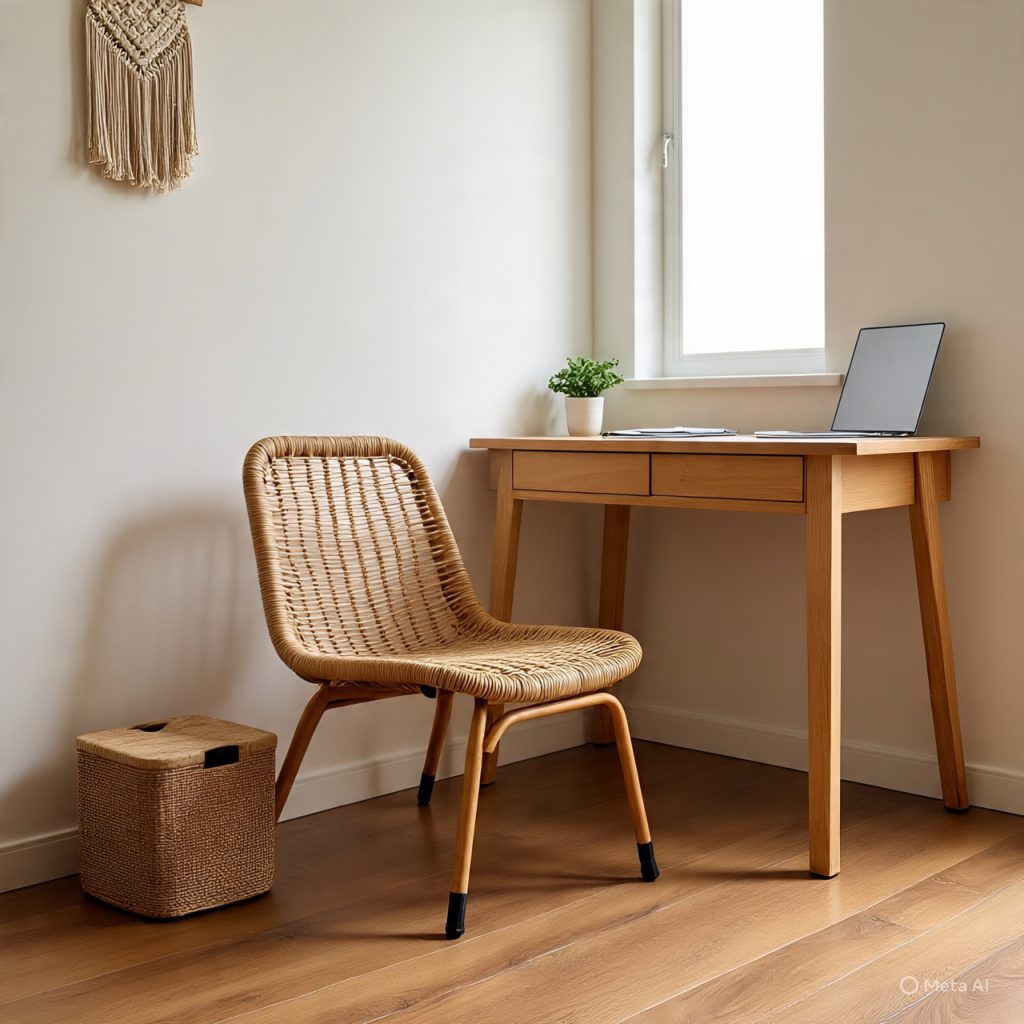 Modern home office with rattan chair and macramé decor.