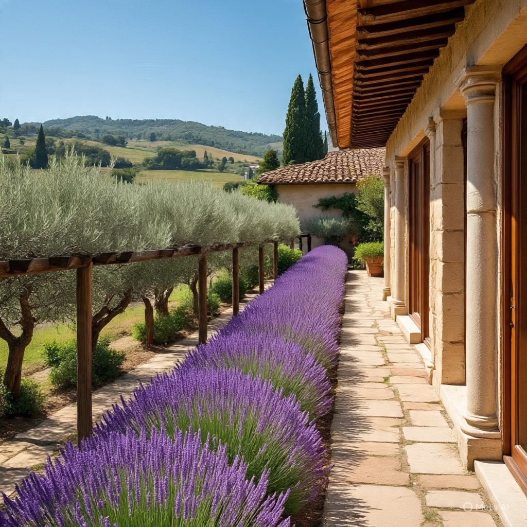 Farmhouse terrace with lavender and rolling hills view.