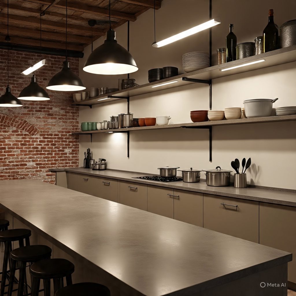 Beige kitchen with industrial concrete and steel details.