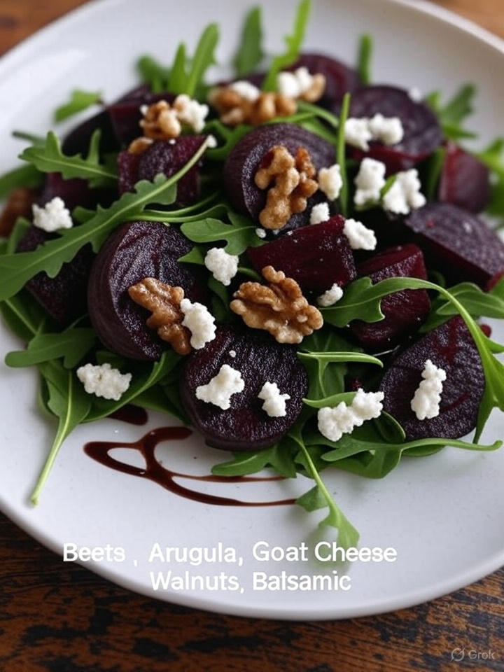 A gourmet salad featuring roasted beets, creamy goat cheese, fresh arugula, crunchy walnuts, and drizzled with balsamic reduction, combining earthy and creamy flavors.