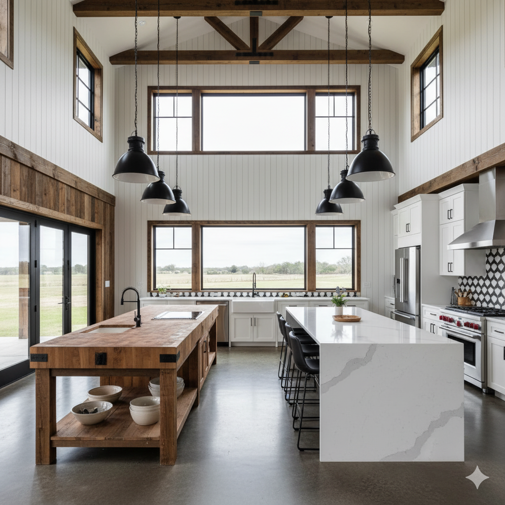 Double island layout in large modern barndominium kitchen.