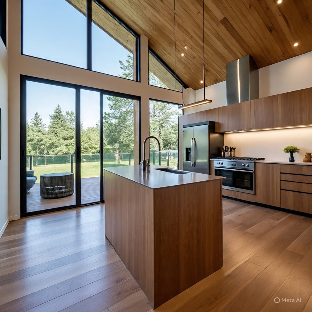 Floor-to-ceiling windows brightening modern kitchen space.