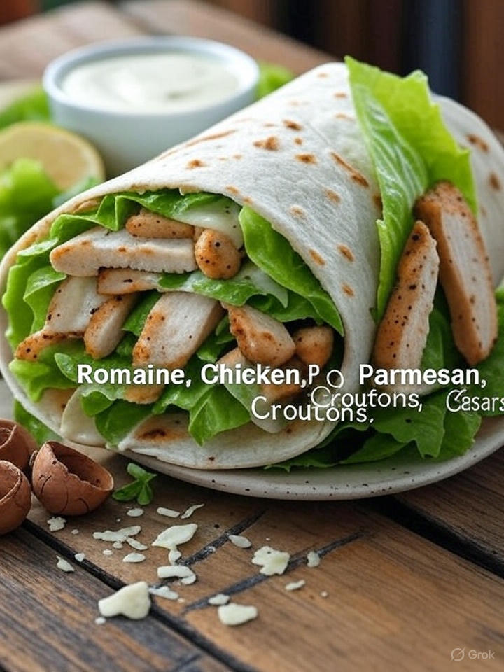 A short alt text for the image is: Chicken Caesar wrap with romaine lettuce, chicken, Parmesan cheese, and croutons.
This description accurately identifies the main components of the dish shown in the image, providing a concise and informative alternative text for accessibility purposes. 