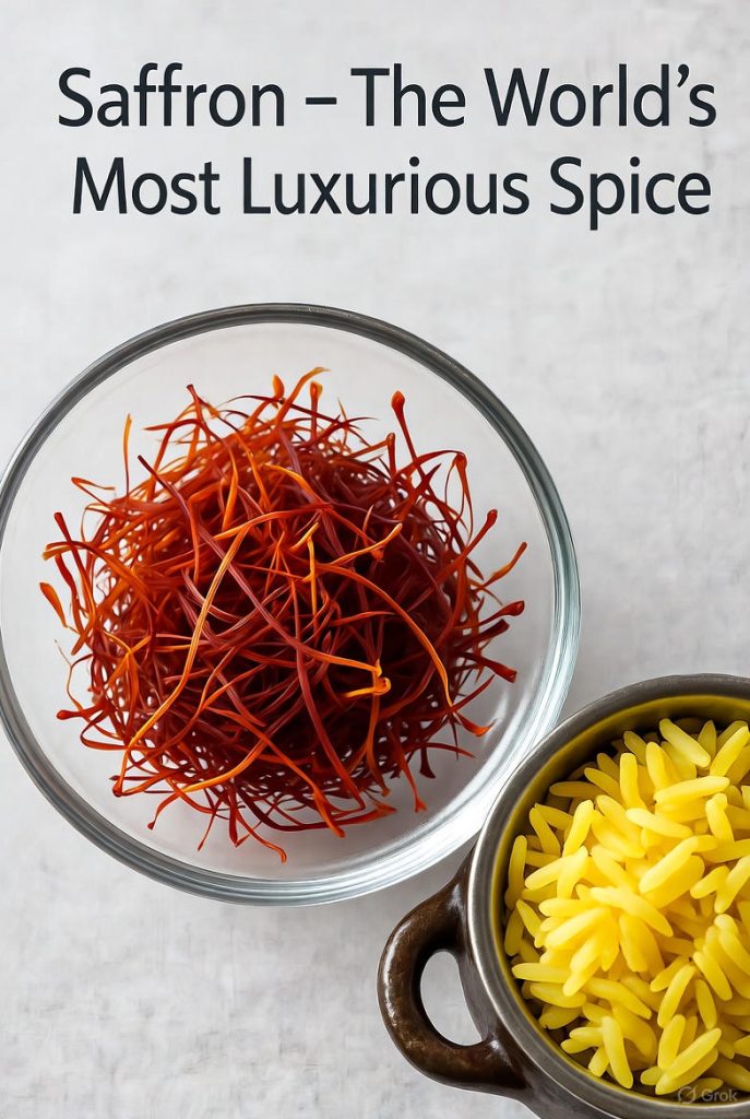 A close-up shot of a glass bowl filled with red saffron threads, with the title "Saffron - The World's Most Luxurious Spice" visible at the top.