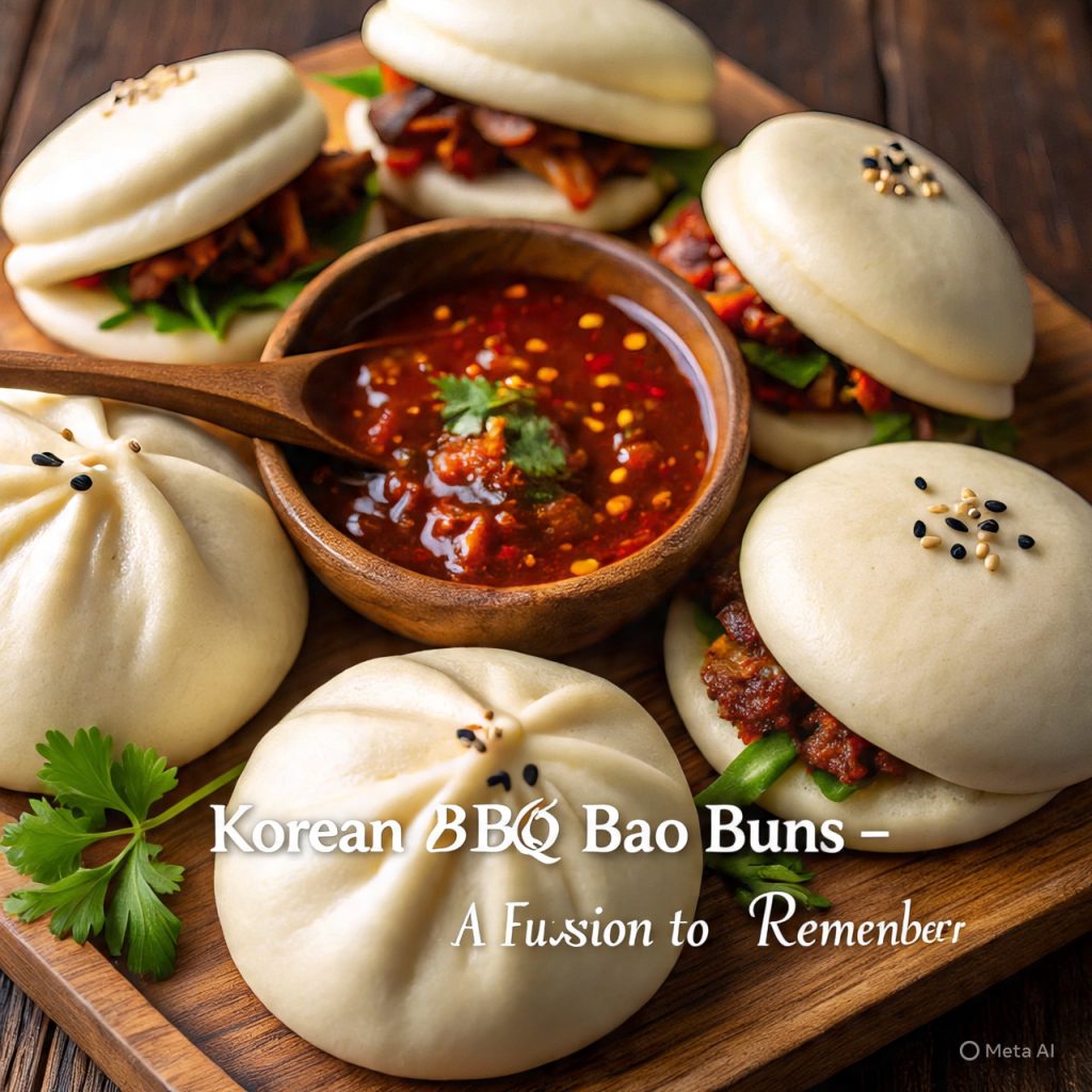 Korean BBQ bao buns plated with dipping sauce and herbs.