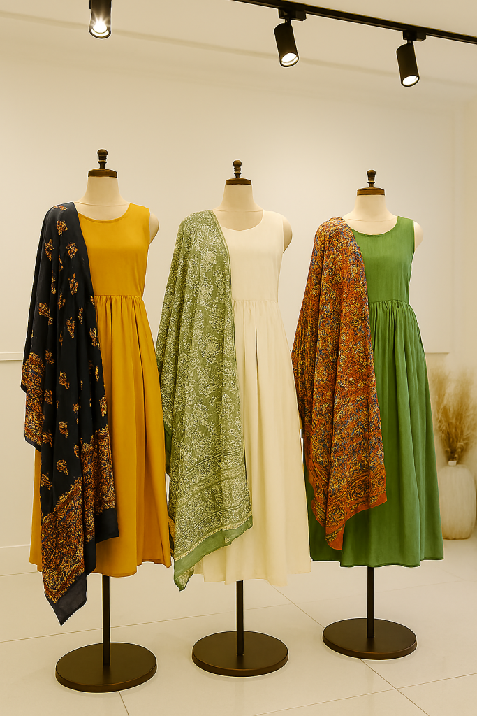 Minimalist dresses with printed dupattas.