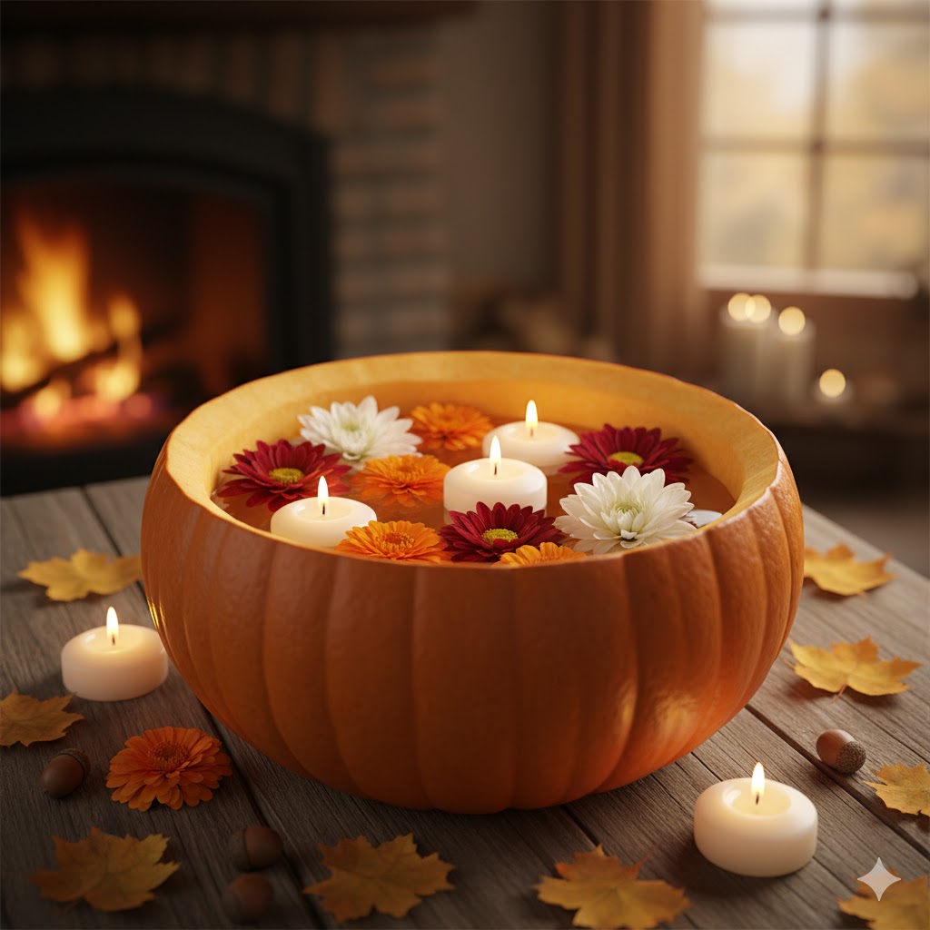 Candlelit floral pumpkin vase centerpiece.