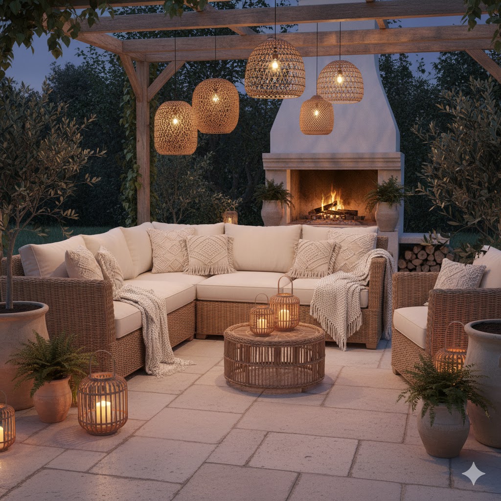 Outdoor rattan lounge with woven lanterns and macramé cushions.