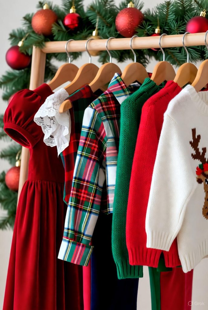 Charming children’s festive outfits for the winter holiday season.