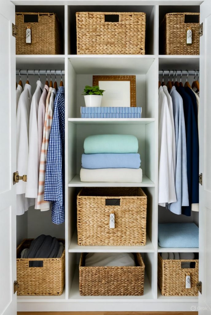 Organized spring closet showcasing fresh seasonal textures and colors.