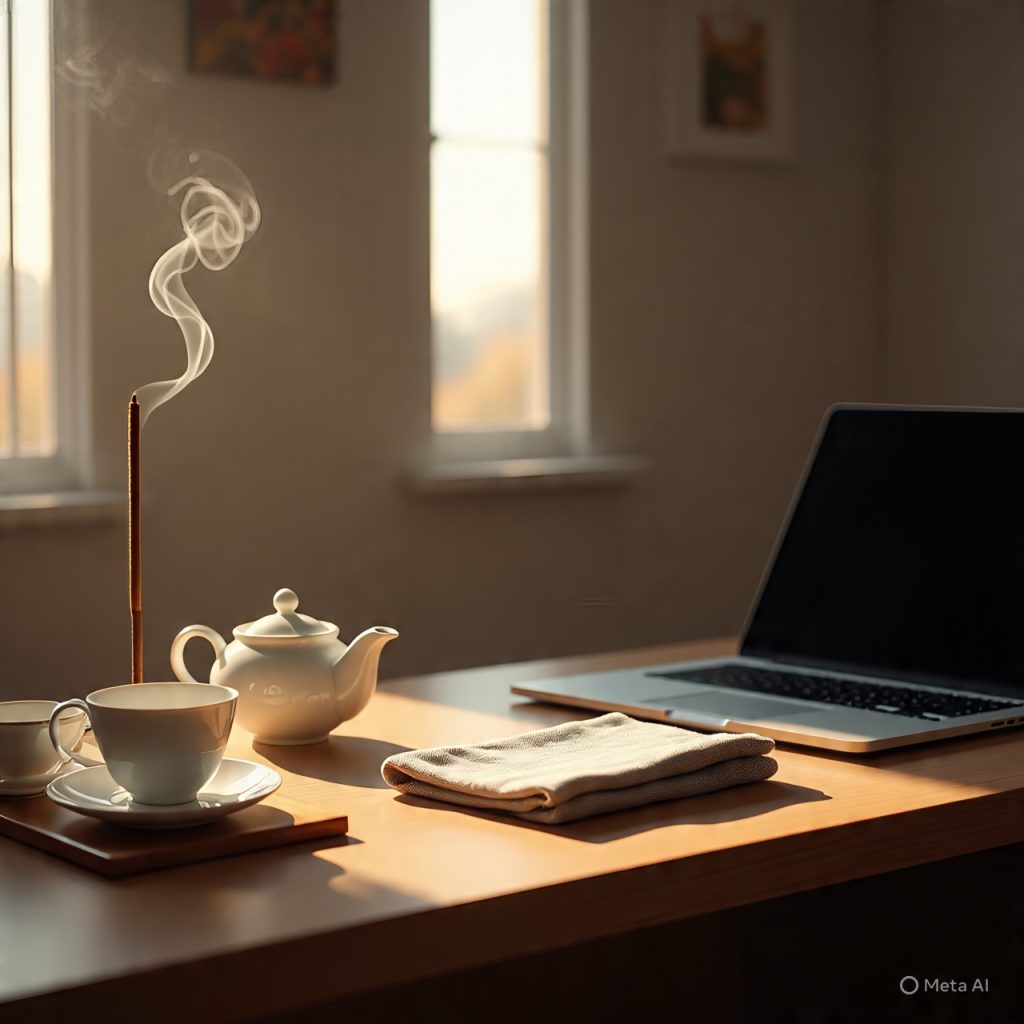 Japanese office desk with tea set and incense symbolizing work-life balance.