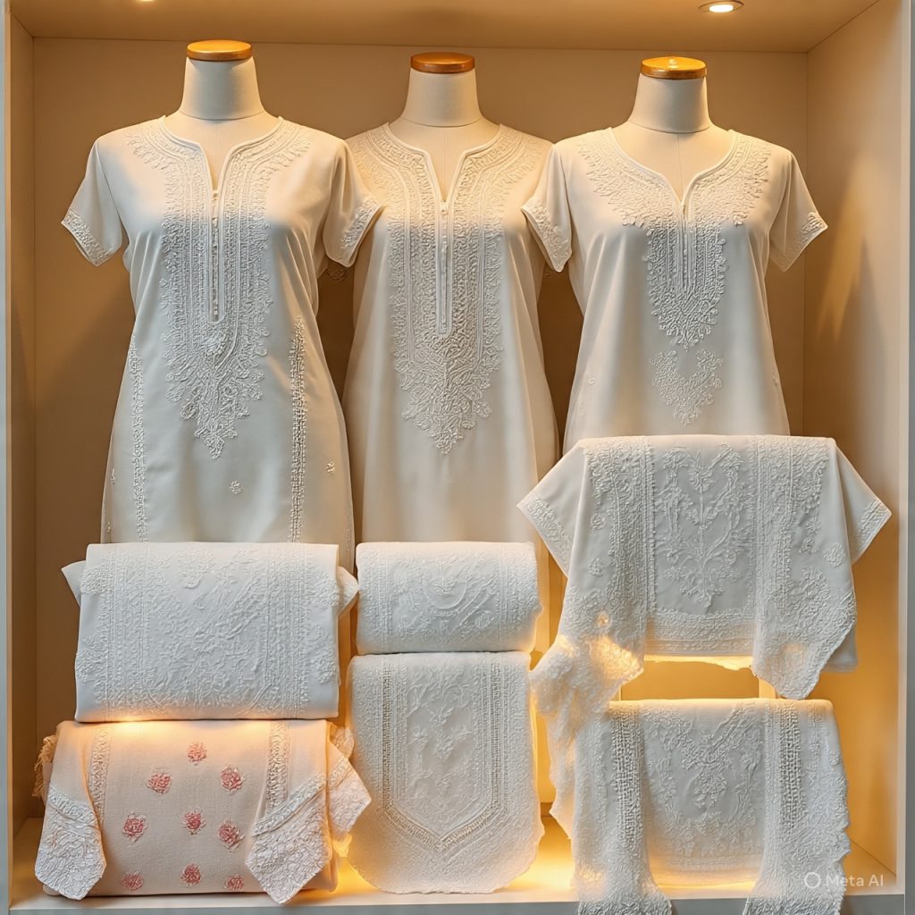 Chikankari kurtis on boutique hangers.