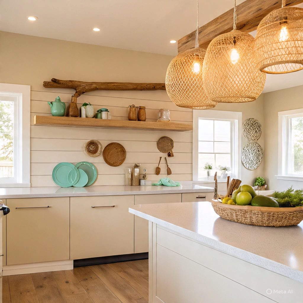 Beach-inspired beige kitchen with rattan and shiplap details.