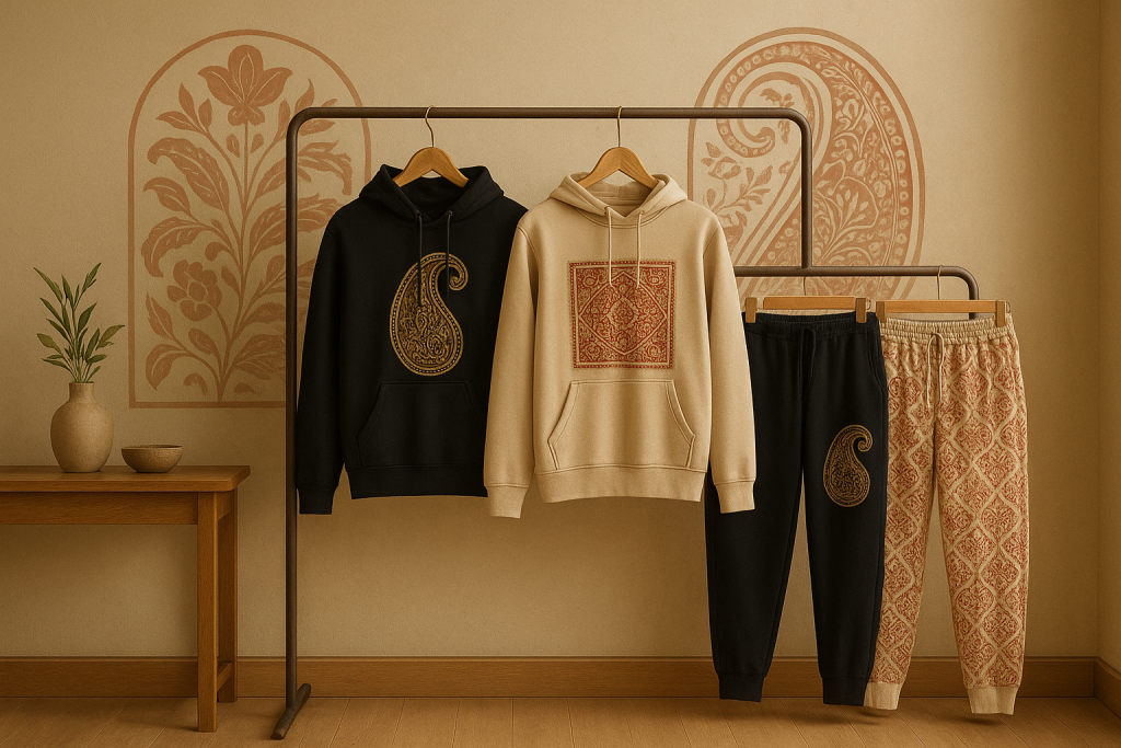 Desi streetwear on boutique display.